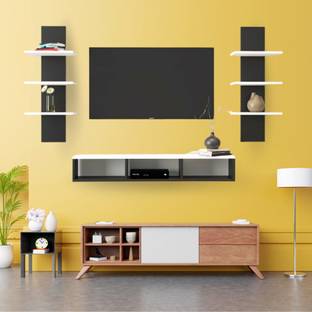 plantzy Wooden TV Entertainment Unit with 2 Wall Shelf/Wall Set Top Box Shelf Stand/TV Cabinet for Wall/Set Top Box Holder for Home/Living Room Ideal for TV Upto 42" (Black/White) Engineered Wood TV Entertainment Unit