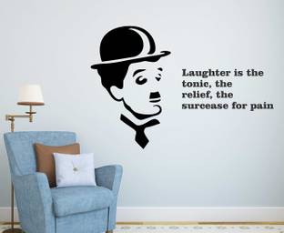 LANSTICK 73.66 cm LAUGHTER QUOTE WITH CHARLIE CHAPLIN STICKER Self Adhesive Sticker