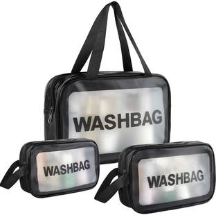 HOUSE OF QUIRK 3Pack Clear Make Up Bag, Waterproof Cosmetic Bag for Women, Handle Toiletry Bag with Zipper Pouch for Travel - Black
