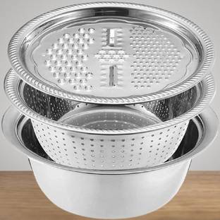Tomex 3 in 1 Kitchen Multipurpose Kitchen Stainless Steel Bowl, Drain Basket, Julienne Graters for Vegetable Cutter,Vegetable/Fruit Grater Kitchen Mesh Strainers(Set of 1 Strainer (Steel Pack of 1) Collapsible Strainer