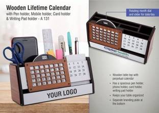 stupefying 5 Compartments Wooden Calendar With Pen Holder, Mobile Holder, Card Holder