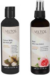 Veltos PROFESSIONAL COTTON MILK PRE-WAX GEL 100ML AND ROSE AFTER WAX LOTION 100ML FOR ALL SKIN TYPE Spray