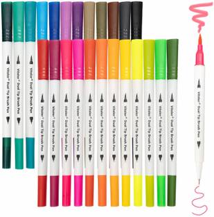 THR3E STROKES 24 Colors Dual Tip Brush Pens Art Markers Set, Fine and Brush Tip Colored Dual Tip Markers for Kid Adult Coloring Book Drawing Bullet Journal Planner Calendar Art Projects