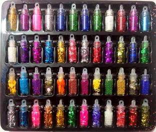 lakyou Glow 48 in 1 Set of 3D Nail Art Glitter Bottle, Sequins, Rhinestones, Beads & Designs ( Multicolor )