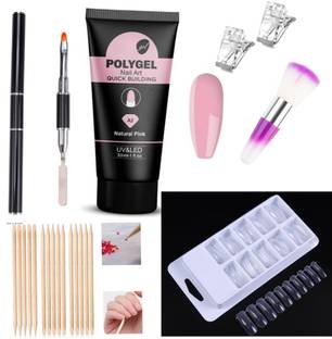 BeautyQua Professional Nail art Combo Kit includes 1 Poly gel Tube (30 ml) 1 Dual Head Tool, 12 Wooden pusher sticks, 2 Clips, 1 Nail Cleaning Brush, 100 Tips unbreakable Poly gel nails