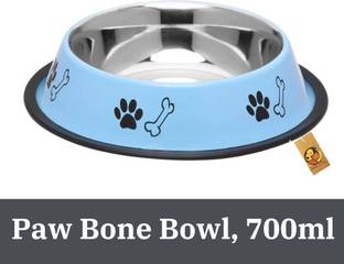 Foodie Puppies Stainless Steel Paw Bone Printed Food Water Feeding Bowl for Dogs & Puppies (Medium, 700ml, Sky Blue) Round Steel Pet Bowl