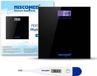 NISCOMED Automatic Personal Digital Weight Scale With Digital Thermometer and Large LCD Display, Weight Scale, Body Fat Scale, Smart BMI Scale, Digital Bathroom Wireless Weight Scale, Accurate Weight Measurement Weighing Scale Weighing Scale Weighing Scale