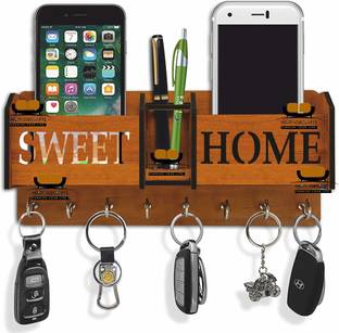 Heritagecrafts Special Designer Sweet Home Unique Wooden 2 Pocket Mobile and Pen Wood Key Holder