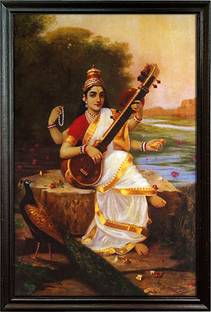 mperor Raja Ravi Varma Painting Goddess Saraswati Digital Laminated RePrint With Wood Frame Size(13.2 x 19.6)inch Digital Reprint 19 inch x 13.2 inch Painting