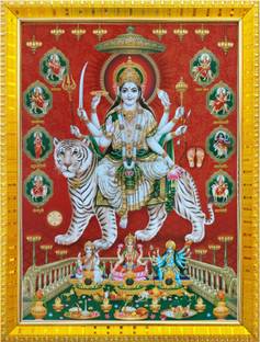 koshtak Durga Maa/Vaishno Devi/Nav Durga On Tiger With Laxmi, Kali, Saraswati Mata Religious Frame