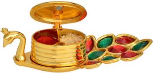 AJ Creations Roli-Chawal Tikka Box|Sindoor Kumkum Dani |Chandan-Haldi in Double Dibbi Coloured Peacock Shape for Gift, Pooja & Decorative Purpose-(Roli Chawal Pouch Included) Gold Finish Decorative Showpiece  -  3.7 cm