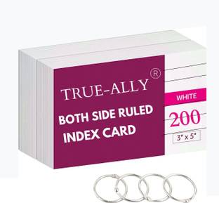 True-Ally Both side ruled Index Flash Cards - 3x5 inch, White, 200 Cards, 200 GSM - with Free Binder Rings for Short Notes, cue Cards, Cheat Sheets, exam, Interview Preparation Sketch Pad
