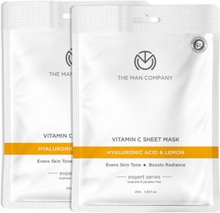 द मैन कंपनी Vitamin C Sheet Mask with Hyaluronic Acid & Lemon | Boosts Collagen, Brightening | Improves Skin Tone, Deep Cleanses & Removes Excess Oil – Pack of 2 (25ml each)
