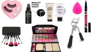 J & F 7 Pc Makeup Brush Set ( Pink / Black ) With 6155 Makeup kit , Makeup Fixer Spray , Base Tube Primer , Matte Liquid Foundation , Makeup Beauty Liquid Blender Sponge puff , Waterproof 36 Hours Sketch Eyeliner , eyelash & Curler