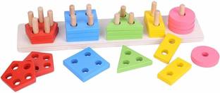 Little Mind 5 Angle Geometric Shapes Wooden Puzzle Sorting & Stacking Blocks Set for Kids