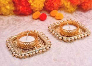 bhumiyaan Beautiful Gold Design Metallic Diya Tea Light Candle Holder for Diwali Diya/diyas/Pooja for Diya/Deepak/Candle Diya / (Set of 02) Gold Plated (Pack of 2) Table Diya Set