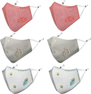 MASQ Anti-Pollution, Anti-Bacterial (BFE>99%) 4 Layer Embroidered, Designer, Fashionable, Protective, 100% Cotton, N-95 Cloth Face Mask Combo for Men, Boys with Size Adjustable Ear Loops & Mask Strap Linen_Lotus_Combo_Large_06 Reusable, Washable Cloth Mask