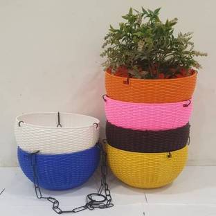 Ramanuj 8.26 inches Round Euro Flower Rattan Hanging Planter/Beautiful Round Gamla Pot/Flower Hanging Pot with chain for Garden Balcony Plant Container Set Plant Container Set