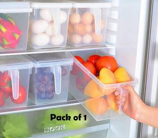 SHREE SADGURU CREATION Plastic Square Handle Boxes Refrigerator Storage Organizer Box Container Food Basket with Lid for Vegetables, Fruits, Meat, and Fish - Set of 1 Storage Basket