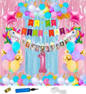Bubble Bells Solid 1st first happy birthday unicorn decorations kit combo pack set items for girls Balloon