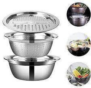 Shyam Creation 11 Inch Stainless Steel Drain Basket Vegetable Cutter, 3 in 1 Kitchen Multipurpose Julienne Grater - Salad Maker Bowl Strainer