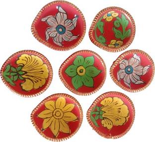 om craft villa Blue Pottery Design Handmade Red Base Colourful Clay Diya for Diwali Decoration Deepak -Set of 7 Pieces with Batti Terracotta (Pack of 7) Table Diya Set
