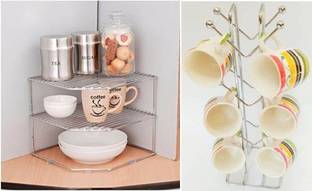 Somkala Containers Kitchen Rack Steel Present a combo pack of stainless steel and Rust free silver v shape cup stand + corner