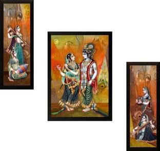 saf Set of 3 Radhe Krishna Digital Reprint 14 inch x 24 inch Painting