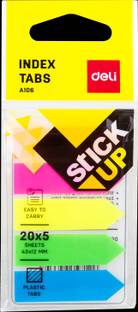 Deli Self Adhesive Bright Colour Strong Glued Sticky Notes, Perfect for Marking, Indexing, Highlighting and Color-Coding, Detachable and Repositionable Arrow Shape Tab Waterproof Memo Pad with PVC Sheet Holder, Notepad for Students, Aspirants, Artist, College, Office Use, Write with Ball Pen or Pencil on 100 Sheets Regular, 5 Colors