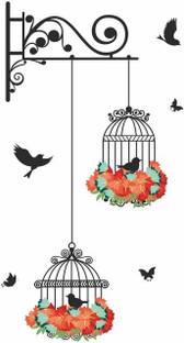 Happy Walls 25 cm colorful flower covered hanging cage with flying black birds Self Adhesive Sticker