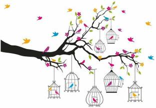 Happy Walls 70 cm Colourful Love Birds & Cages On Tree Branch Self Adhesive Sticker