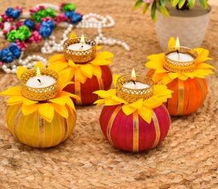 THE SD STORE Metallic laddu candel Diya Tea Light Candle Holder for Home Office Decoration Puja Articles Plastic, Cotton, Aluminium 4 - Cup Candle Holder Set (Multicolor, Pack of 4) Candle