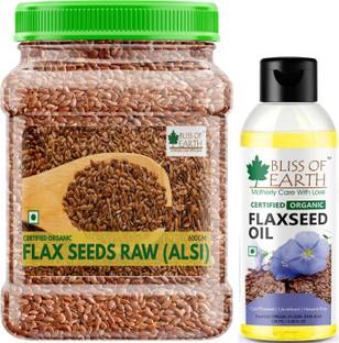 Bliss of Earth Combo Of Organic Raw Flax Seeds (600gm) For Eating and Weight Loss And Organic Flaxseed Oil (100ml) For Immune Support, Healthy Hair & Skin| Haxene Free| Pack Of 2 Combo