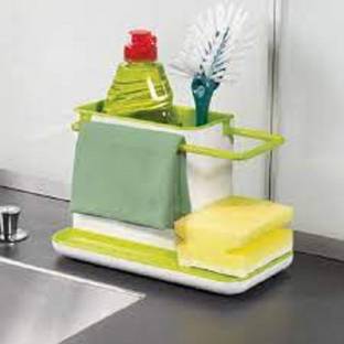 PRL TRADERS Cutlery Kitchen Rack Plastic 3 in 1 Kitchen Sink Organizer for Dishwasher Liquid, Brush, Cloth, Soap, Sponge (3 in 1) Sink Sponge Holder (Plastic) Sink Sponge Holder (Plastic)