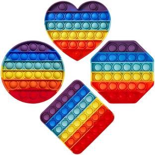 NAMANSHU TEX Push Bubble Pop It Fidget Toy, (Square, Round, Heart, Hexagon Rainbow), 4 Pack