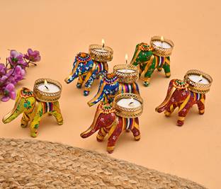 PRIDE STORE Tealight Holder, Candle Tealight, Candle Diya, Candle Stand, Candle for home Decor, Elephant Tealight Candle Holder for Home Decor Wooden 6 - Cup Tealight Holder Set