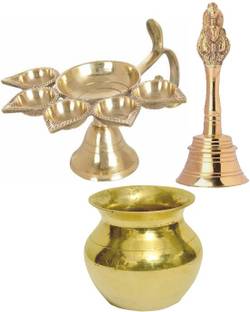vedanshstore Brass Panch Deepak ( Diya ) With Bell ( Ghanti ) and Lutiya ( kalas ) for Home and Office Temple Brass Table Diya Set