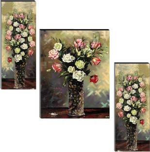 Indianara Set of 3 Flowers in Vases MDF Art Painting (1706FL) without glass (4.5 X 12, 9 X 12, 4.5 X 12 INCH) Digital Reprint 12 inch x 18 inch Painting
