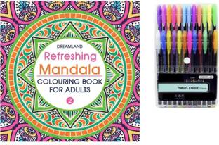 Pehrovin Ventures Art And Hobby Kit/Combo With Mandala Adult Colouring book / Mandala Art book/ Drawing Book (Book no 2) + Set of 24 Neon gel/ Glitter/ Pastel Pens For DIY, Art, Hobby and gifting Purpose