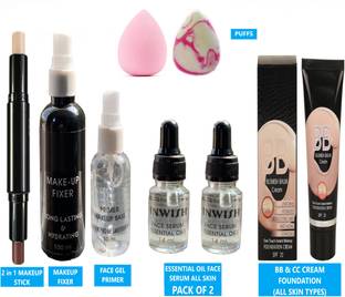INWISH primer foundation concealer combo makeup fixer with face serum and puff PACK OF 8 SKIN FRIENDLY COMBO FOR ALL SKIN TYPES