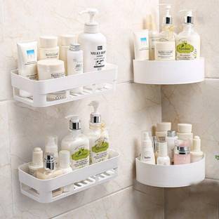 DAITORY Pack Of 4 ABS Plastic Hanging Multipurpose Home Kitchen Bathroom Accessories Sets Traceless Wall Holder Decor Items Storage Shower Rack Corner Shelf Basket with Strong Adhesive Sticker (2 Bathroom Shelves + 2 Corner Shelf Rack) Plastic Bathroom Set