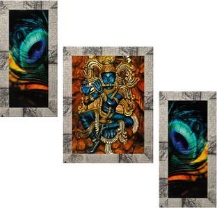 Indianara Set of 3 Krishna And Peacock Feather Framed Art Painting (3023MWa) without glass (6 X 13, 10.2 X 13, 6 X 13 INCH) Digital Reprint 13 inch x 10.2 inch Painting
