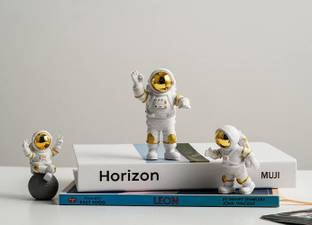 GEEKMONKEY Set of 3 Astronaut Figure in White Space Suit | White-Gold | - Home, Table Decoration | Can be Used as Paper Weight | Cake Toppers | Exclusive & Limited Edition (Gold Visor Jumping) Decorative Showpiece  -  10 cm
