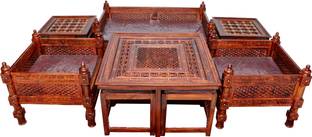 Advika Handicraft Antique Sheesham Solid Wood Sofa Set | Wooden Sofa Set | Living Room Furniture (2+1+1 with 1 Coffee Table |2 Side Table) Fabric 2 + 1 + 1 Sofa Set