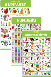 Kannada Chart for Kids (19x26 Inch) Mega Size (3 Charts ) - Laminated Early Learning Education Wall Picture Chart | Kannada Alphabets, English Alphabets & Numbers Fine Art Print