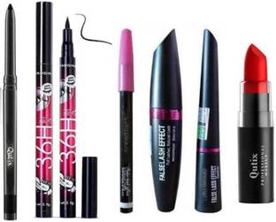 Qutix 3in1 Kajal, Mascara ,Eyeliner + Makeup Beauty Smudge Proof Long lasting Liquid eyeliner + Matte Lip Color Red Lipstick