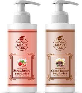 Khadi Ark Strawberry Body Lotion & Cocoa Butter Body Lotion For Dry Skin , Nourishing Body Milk for Skin Cells Repair with Almond Oil & Shea Butter Benefits|48 Hrs. Intense Moisturization (Pack of 2, 300 ML Each)