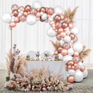 Bash N Splash Solid Happy Birthday, Anniversary, party Rose gold & White Balloon Garland Party Decoration Pack With confetti & Chrome balloon with Arch Strip & Glue Dot (Pack of 112) Balloon