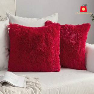 Wondershala Red cushions fur pillow sofa cushions Microfibre Solid Cushion Pack of 2
