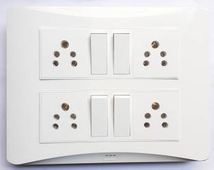 Cona Smyle MODULAR PLATE SIZE-12M ( COLOR-WHITE) WITH 4 MODULAR SWITCH 6A ( 1 WAY ) & 4 MODULAR SOCKET 6A 5 PIN ATTACHED | HEAVY DUTY POLYCARBONATE PRODUCTS | COMPLETE SET OF 1| Wall Plate